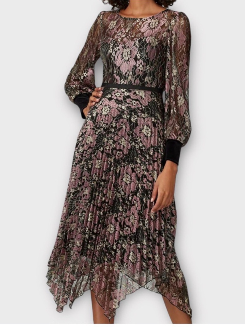 Nissa Floral Metallic Midi Formal Cocktail Dress